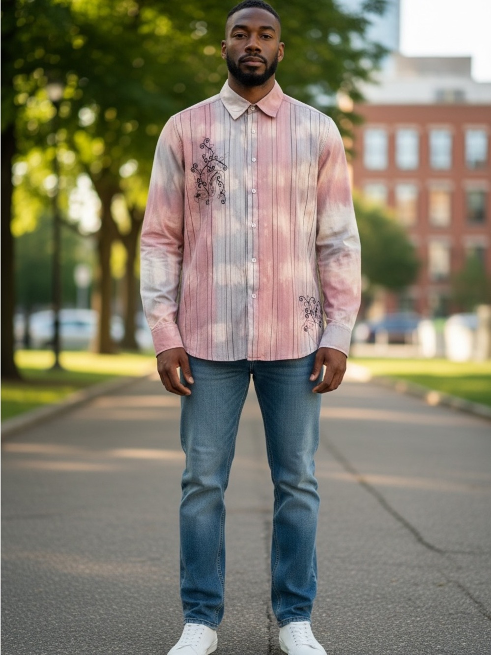 Vintage Red Men’s L Pink White Gray Striped Cotton Button-Up Embroidery